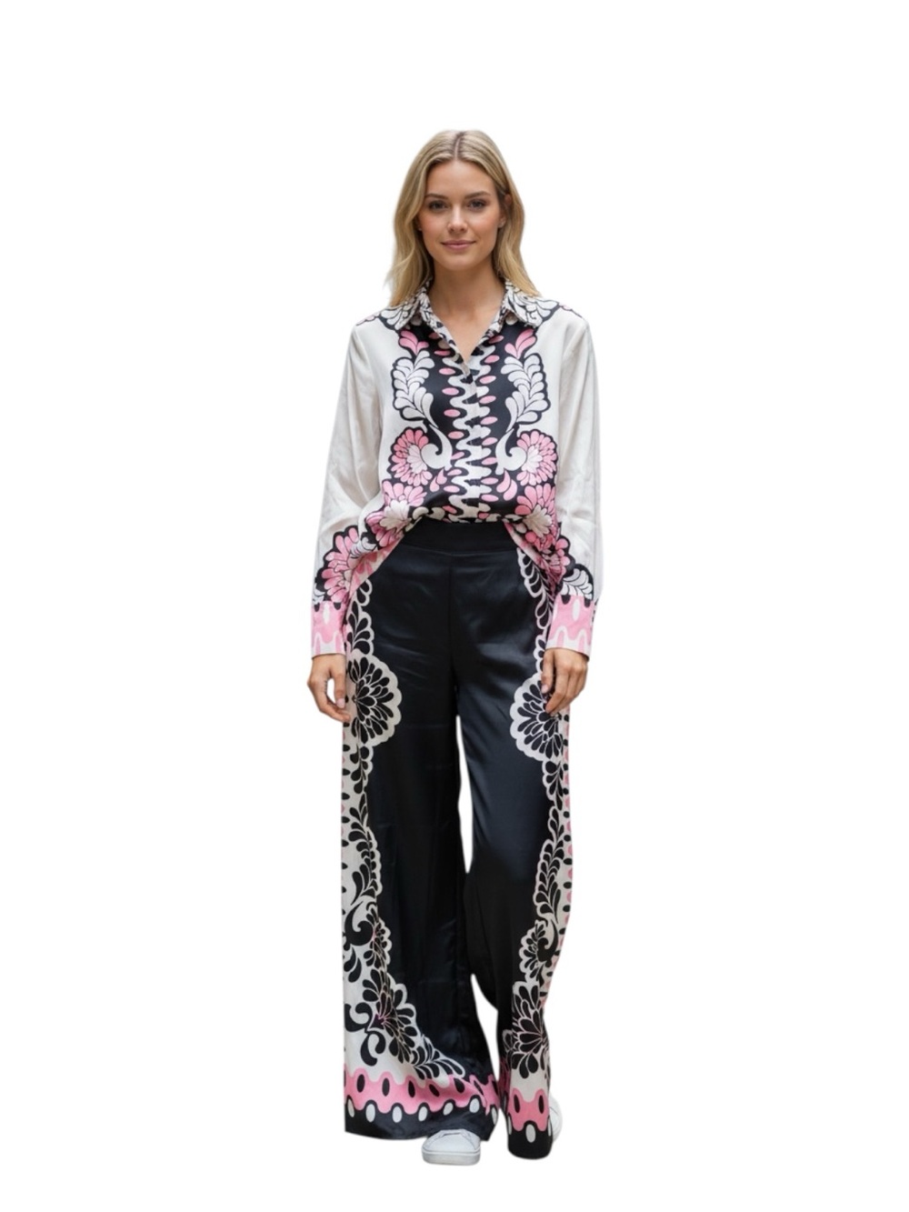 Rachel Zoe Black & Pink Wide-Leg Satin Blouse & Palazzo Pants Size M/L